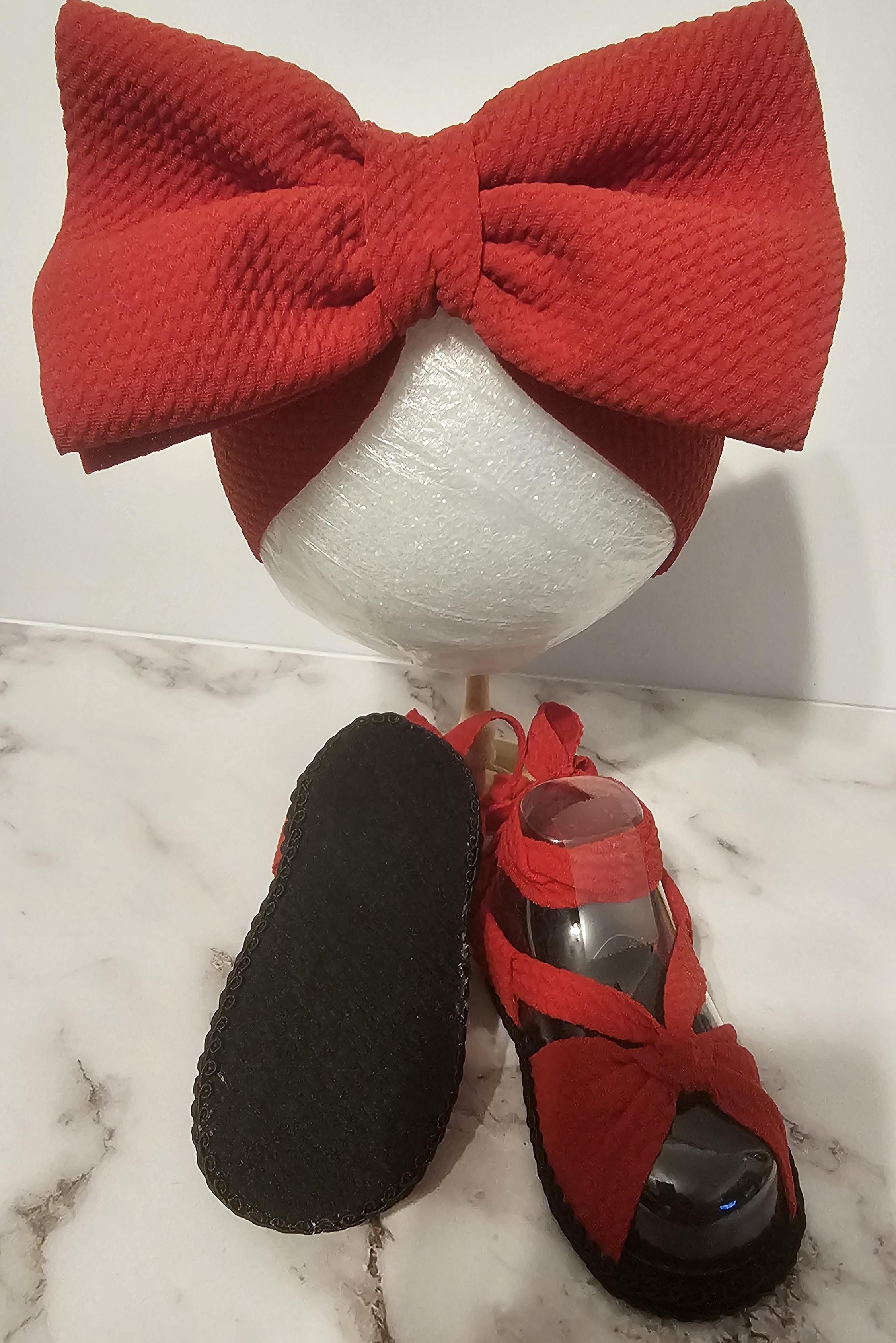Baby sandals and bow set-Red bow and band / Red shoes with Black bottoms and trim
