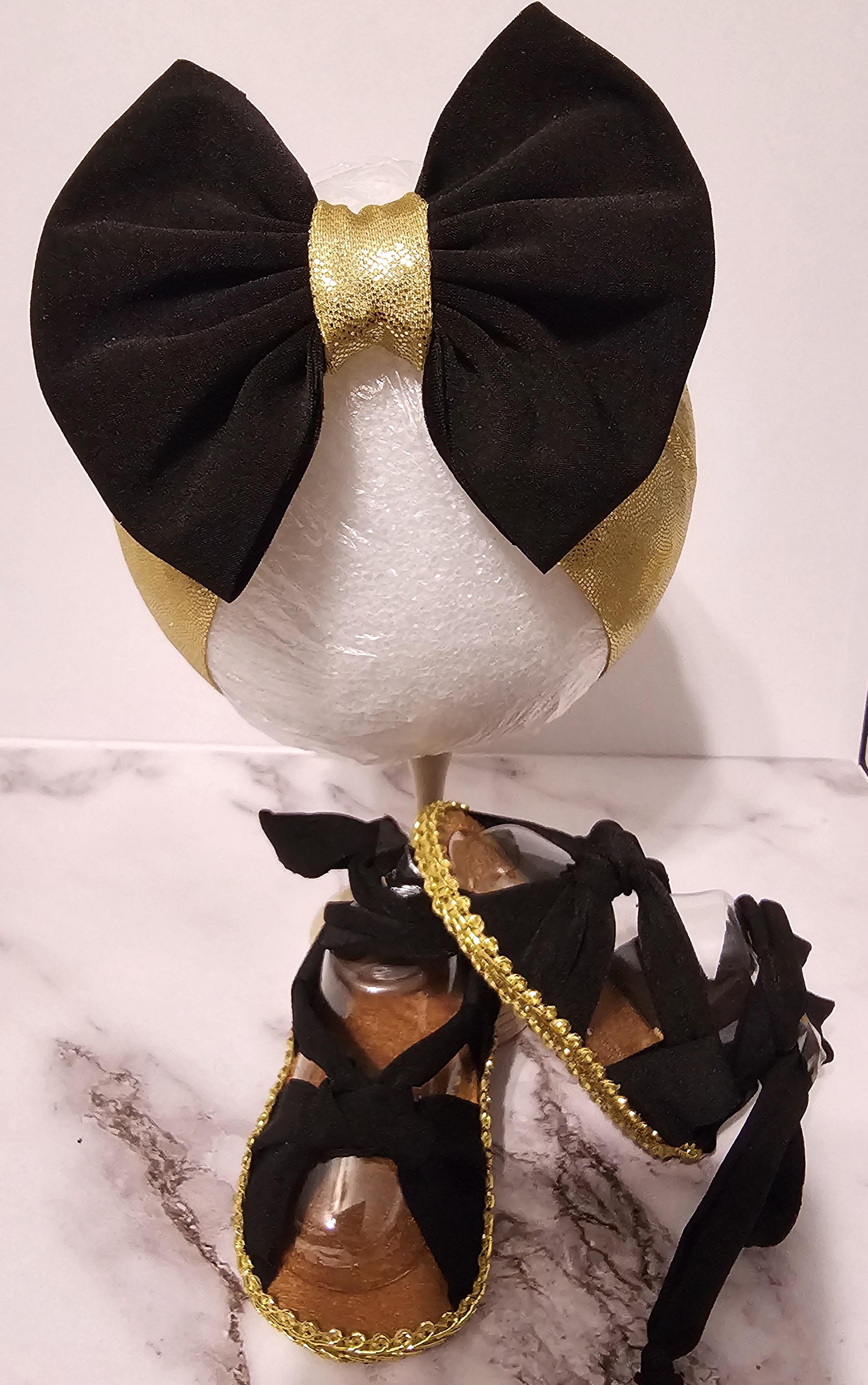 Baby sandals and bow set- Black bow with gold band- black shoes with gold trim