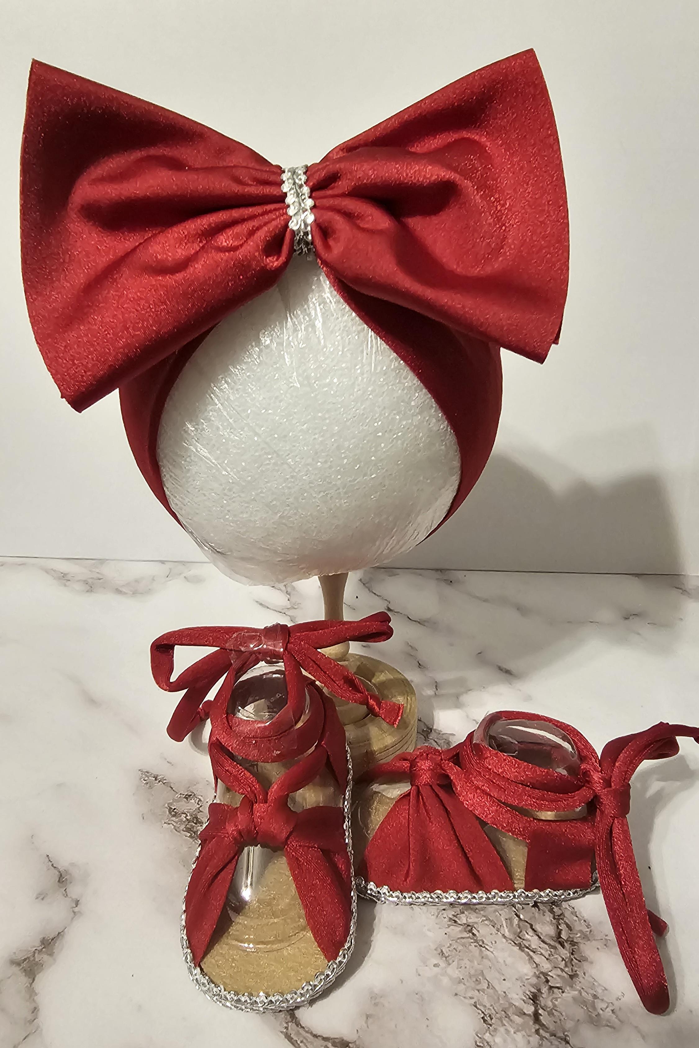 Baby sandals and bow set- Silky red bow with red band /red and silver shoes.