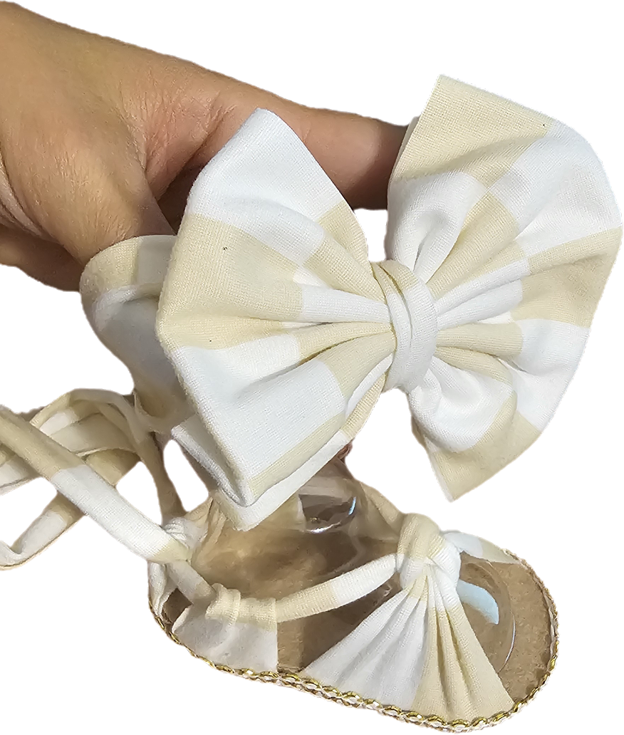 Baby sandals and bow set-CREAM CHECKERED PATTERN