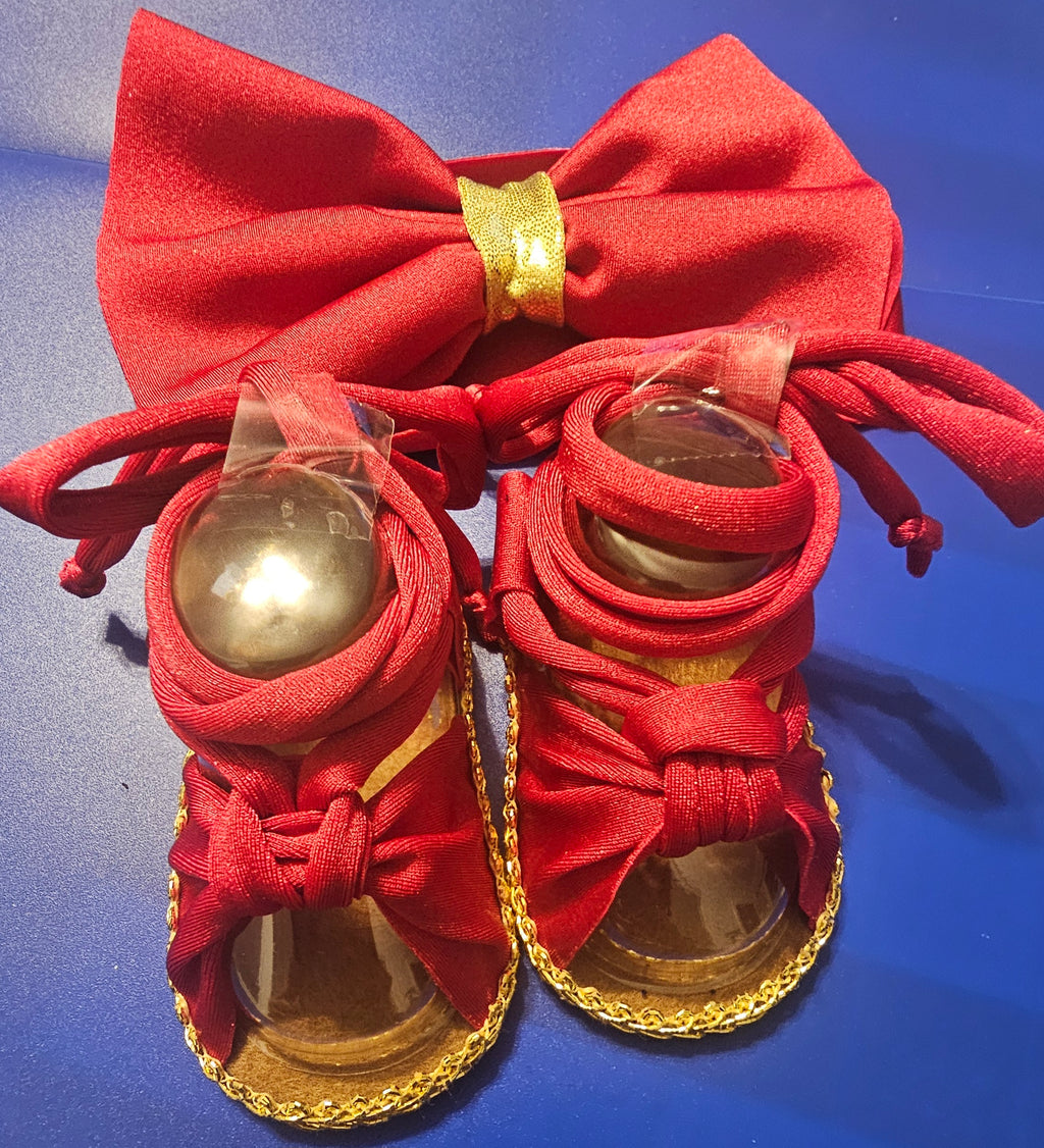 Baby sandals and bow set-RED/GOLD