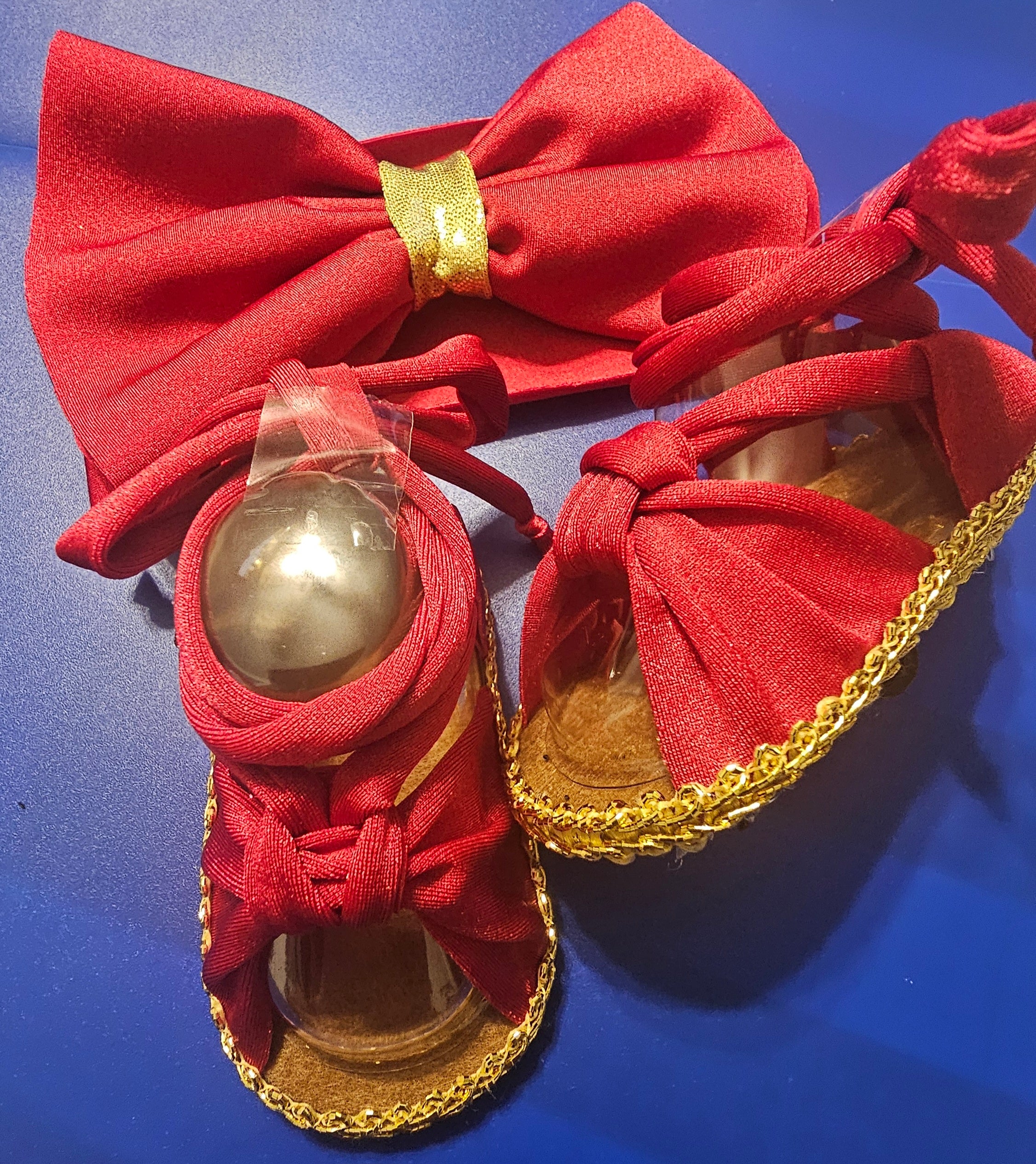 Baby sandals and bow set-RED/GOLD