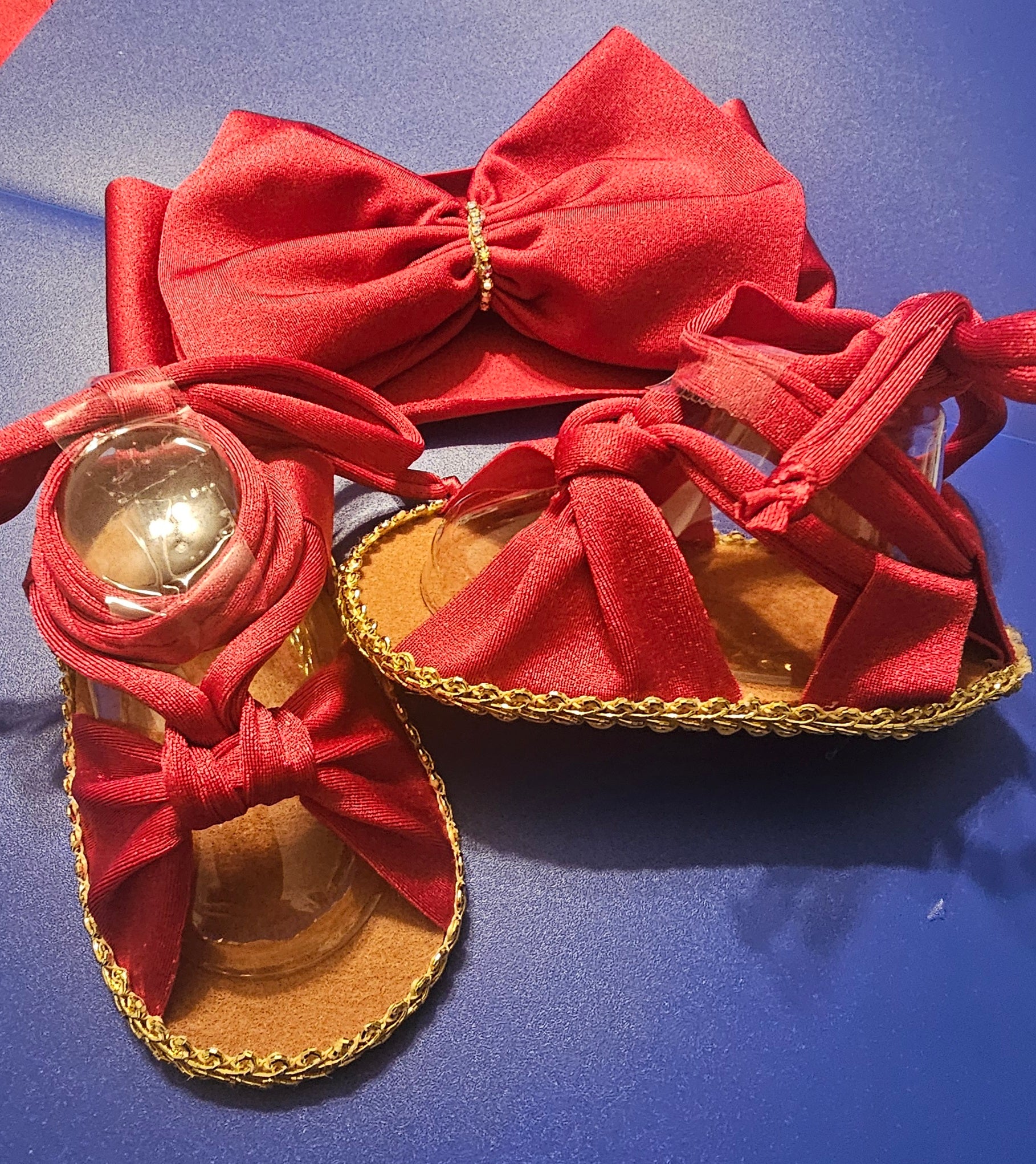 Baby sandals and bow set-RED/GOLD