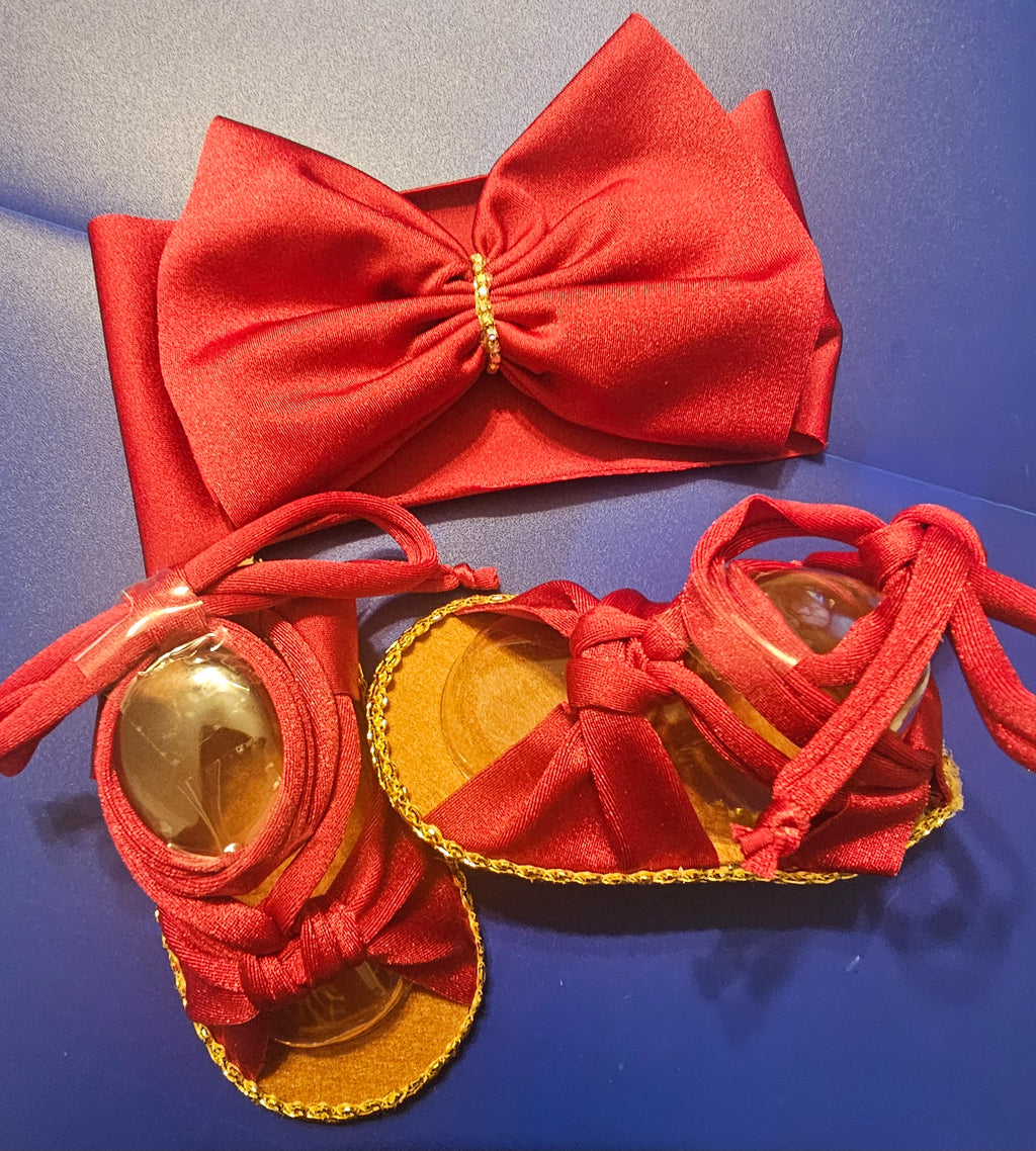 Baby sandals and bow set- Silky red bow with red band /red shoes with Gold trimming or rhinestones