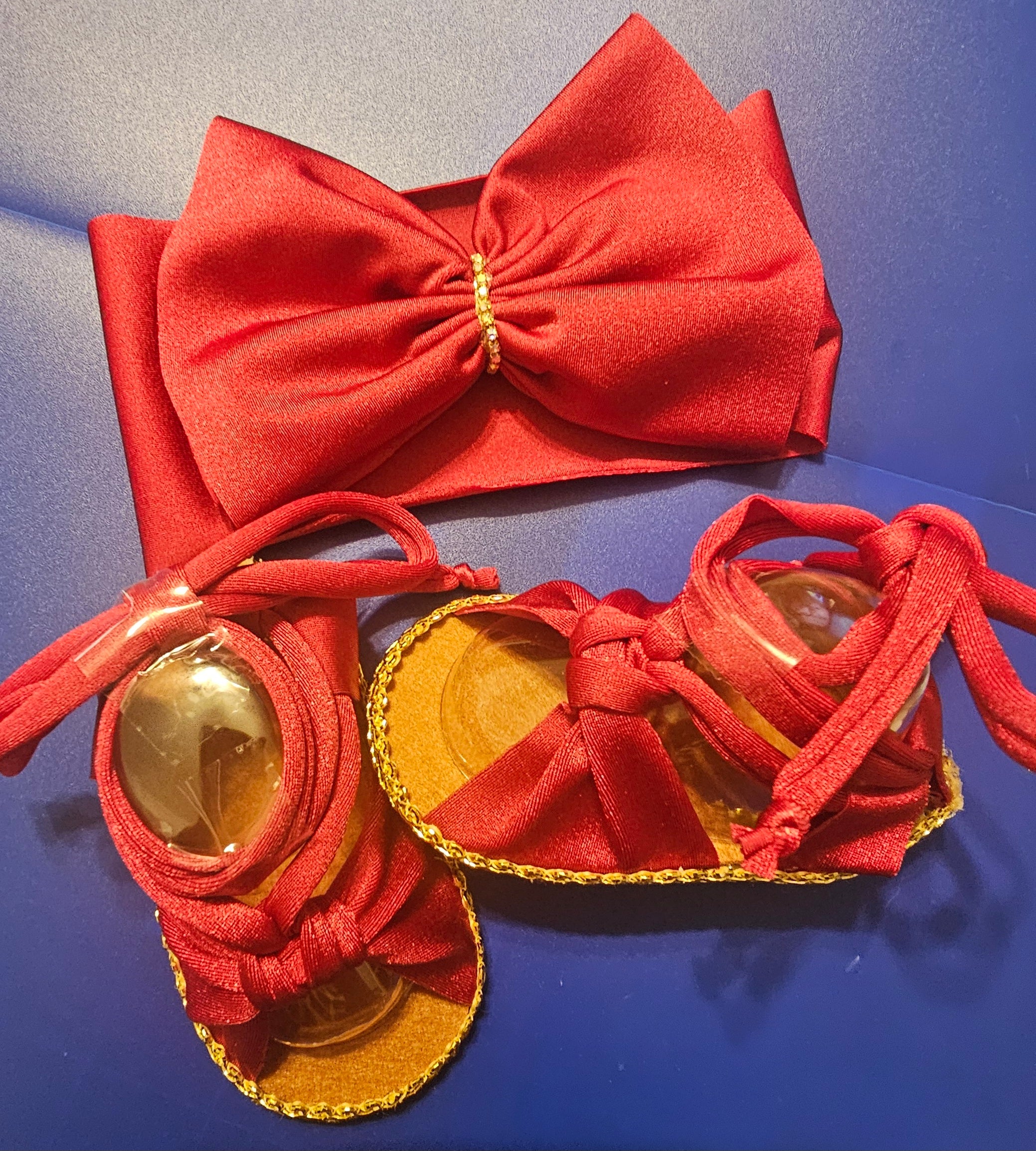 Baby sandals and bow set- Silky red bow with red band /red shoes with Gold trimming or rhinestones