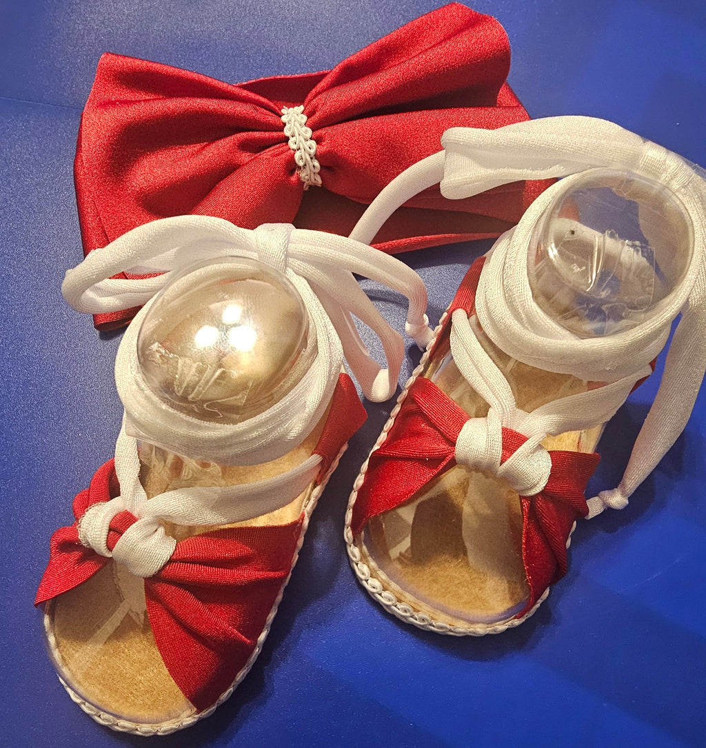 Baby sandals and bow set-Red bow- Red band- red shoe with white trim