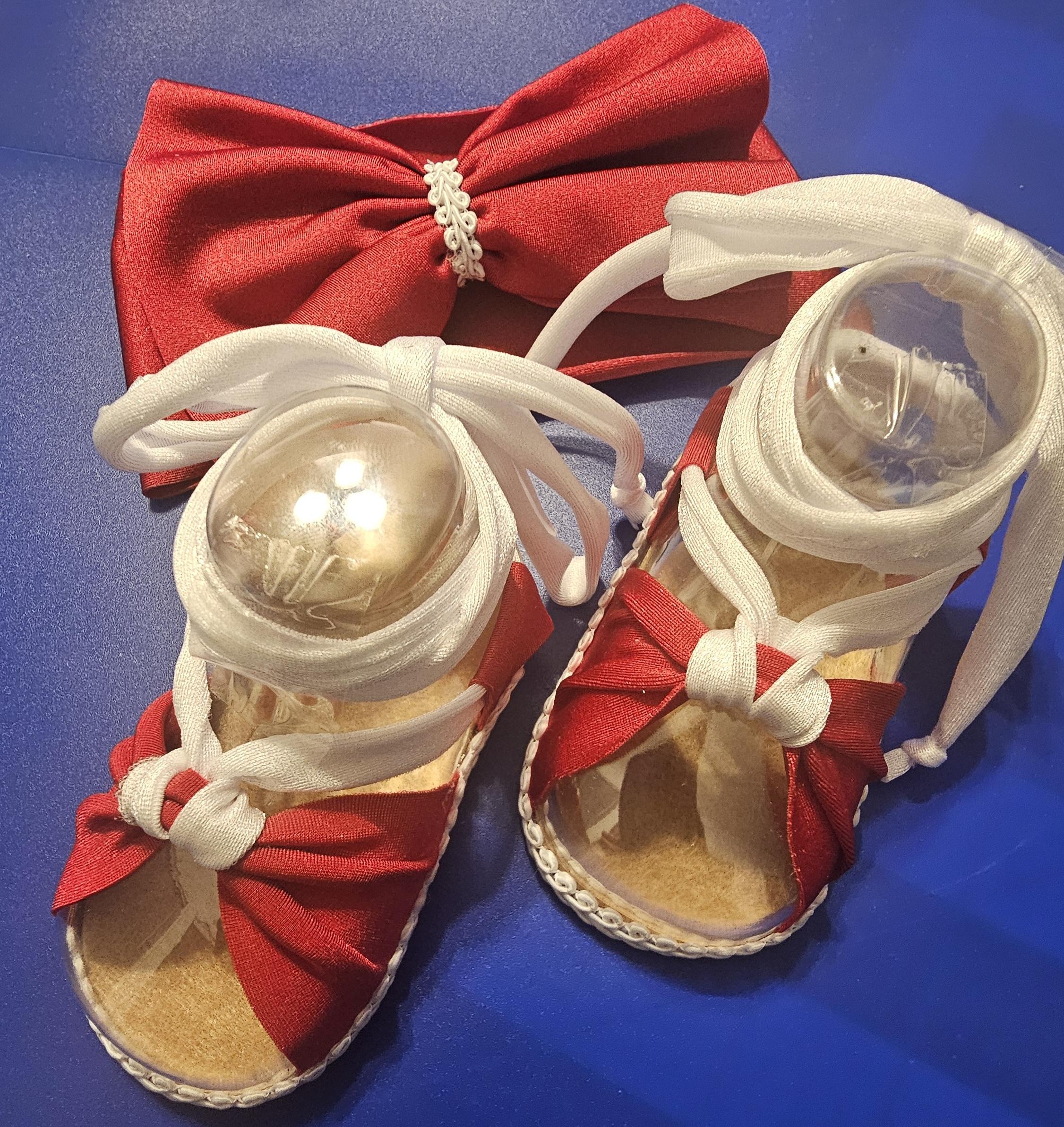 Baby sandals and bow set-Red bow- Red band- red shoe with white trim