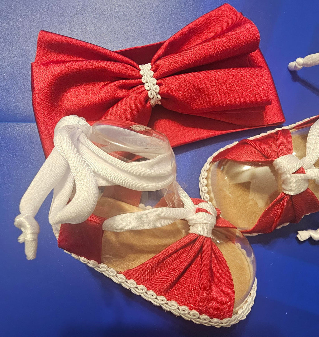 Baby sandals and bow set-Red bow- Red band- red shoe with white trim