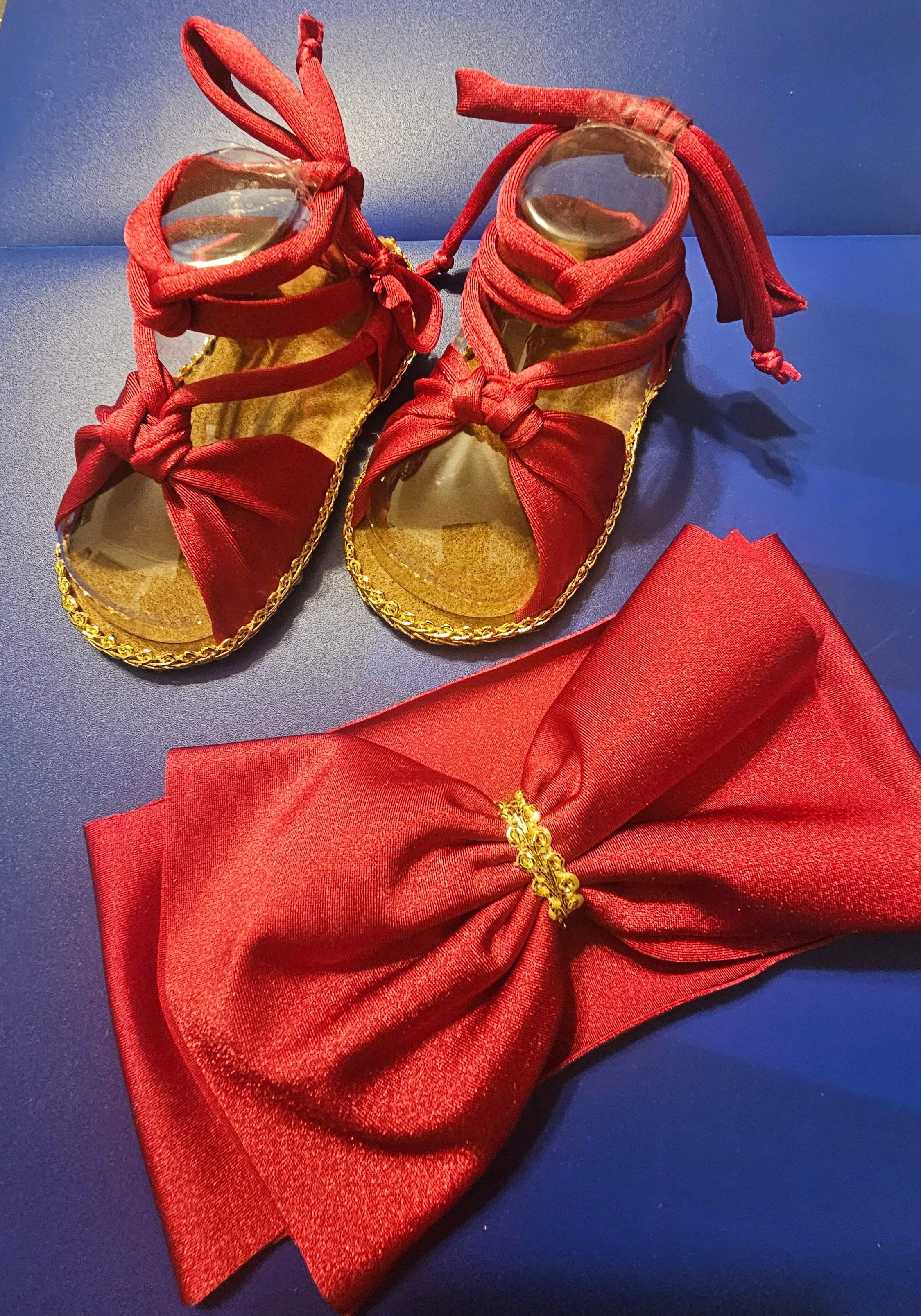 Baby sandals and bow set- Silky red bow with red band /red shoes with Gold trimming or rhinestones