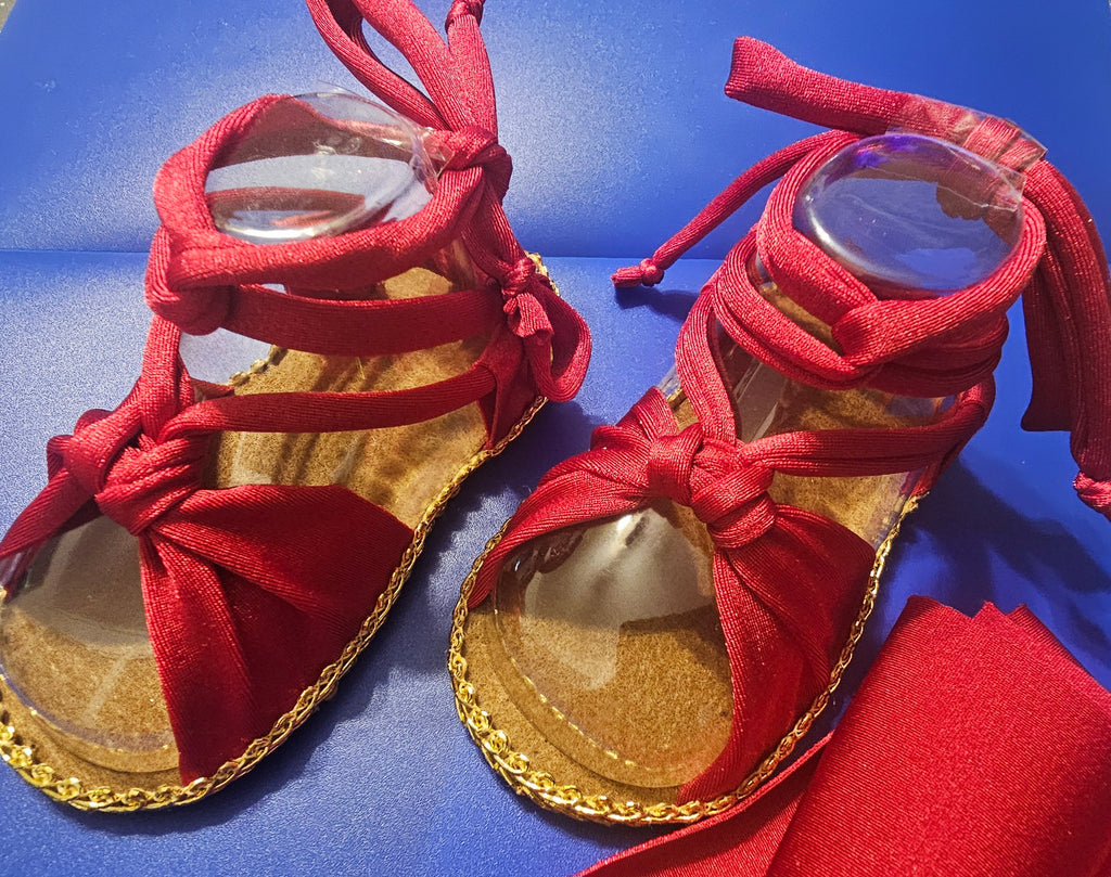 Baby sandals and bow set- Silky red bow with red band /red shoes with Gold trimming or rhinestones