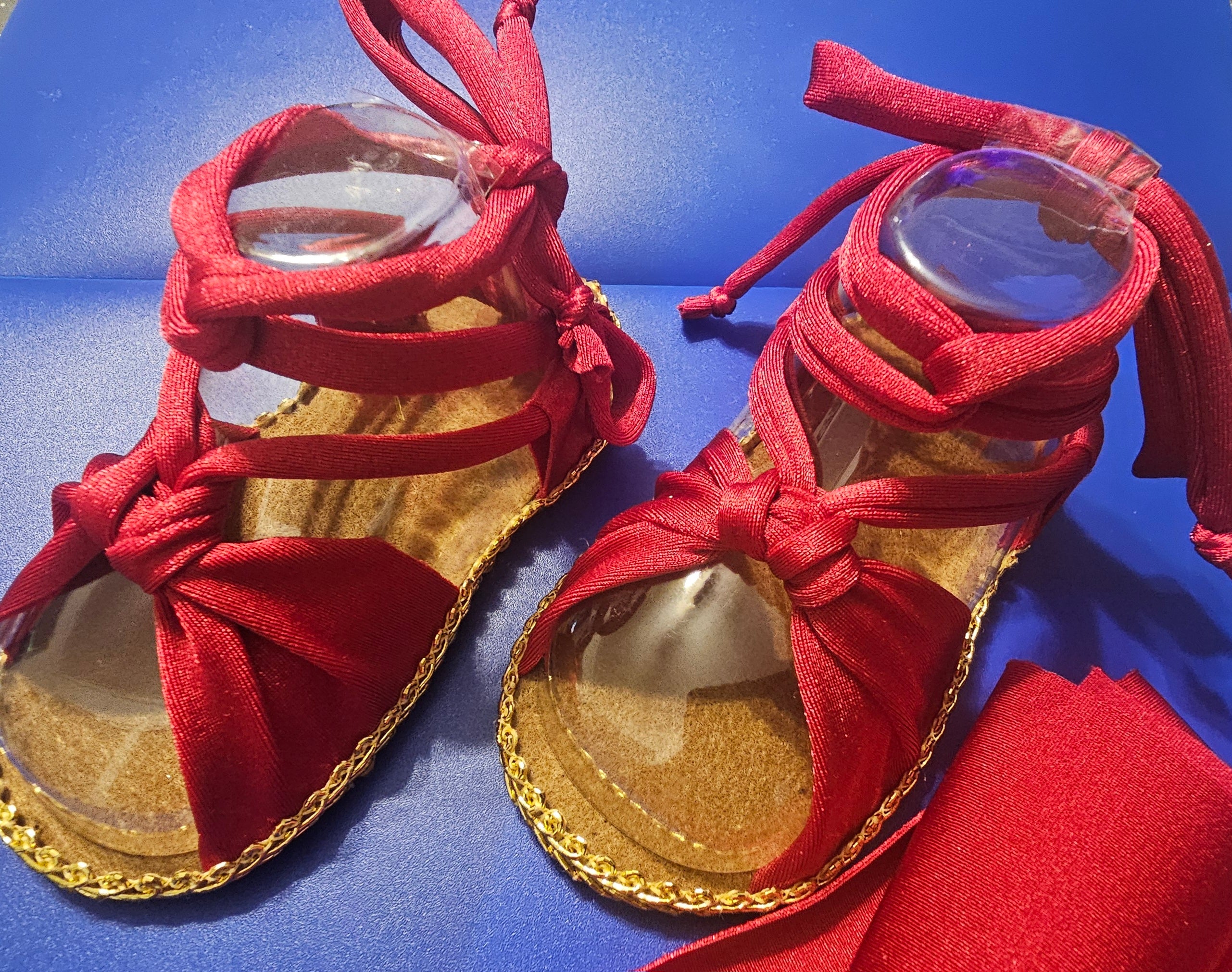 Baby sandals and bow set- Silky red bow with red band /red shoes with Gold trimming or rhinestones