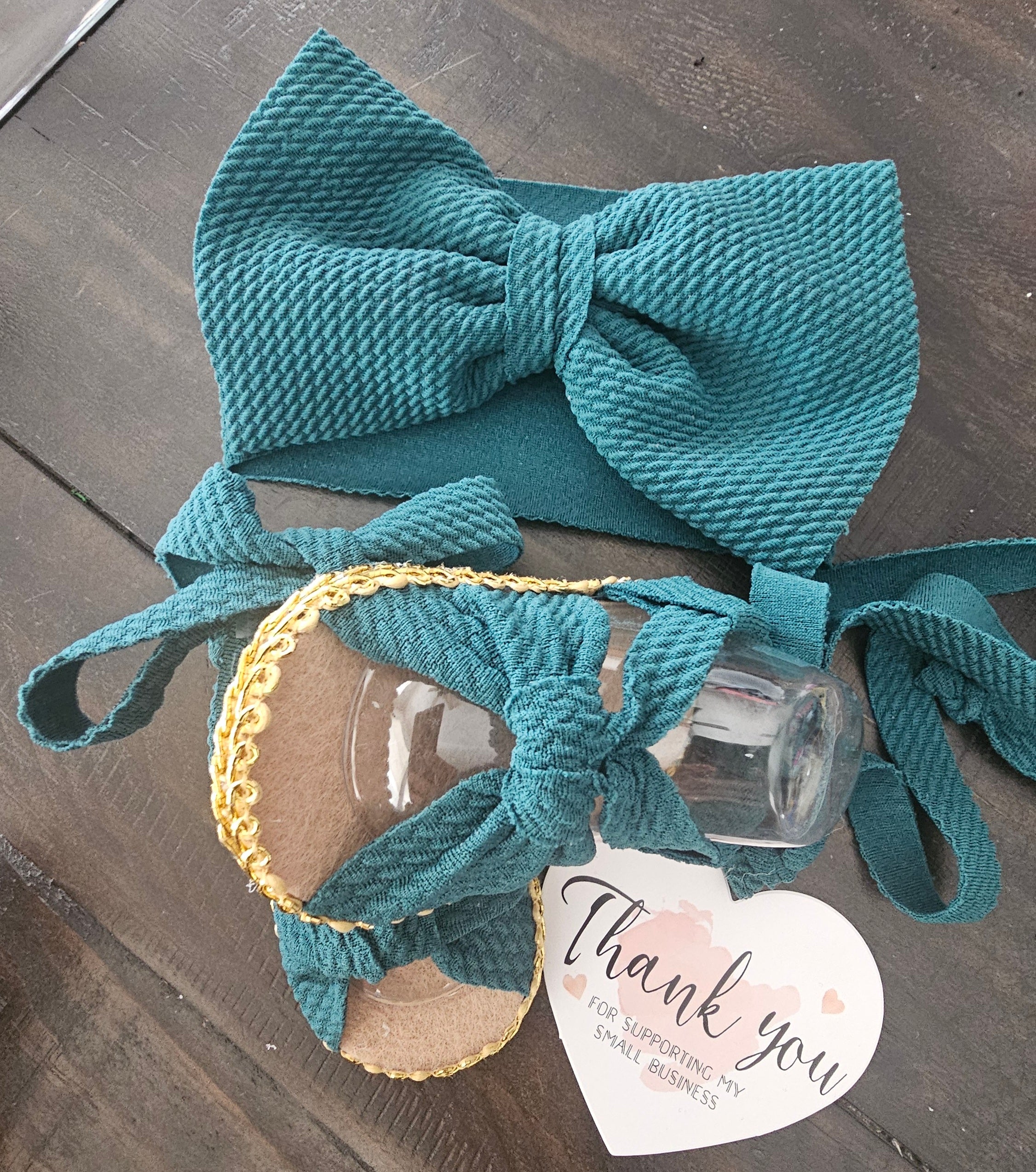 TEAL- Baby sandals and bow set.
