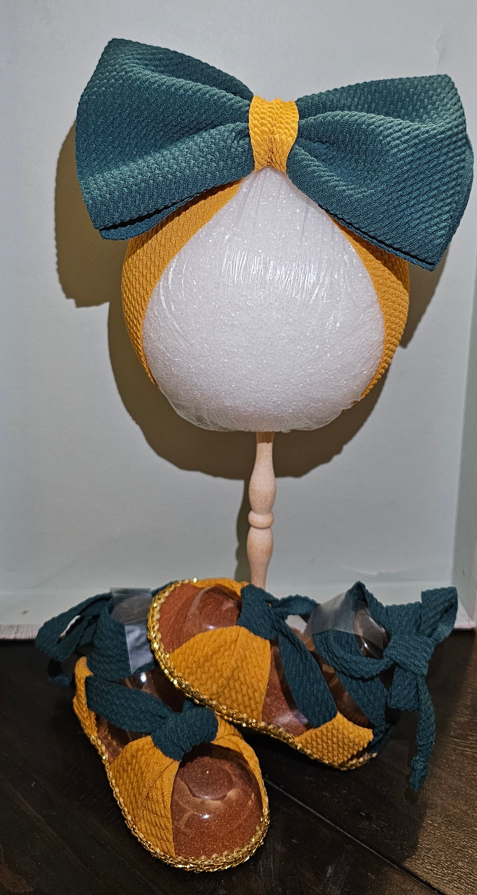 Baby sandals and bow set-Teal and Mustard