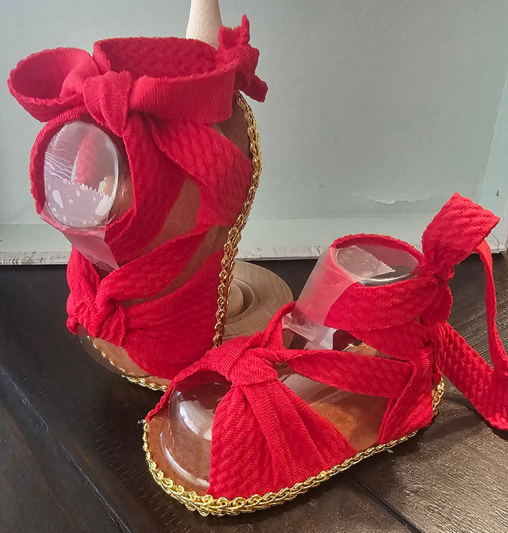 Baby sandals and bow set-Red with Gold trim
