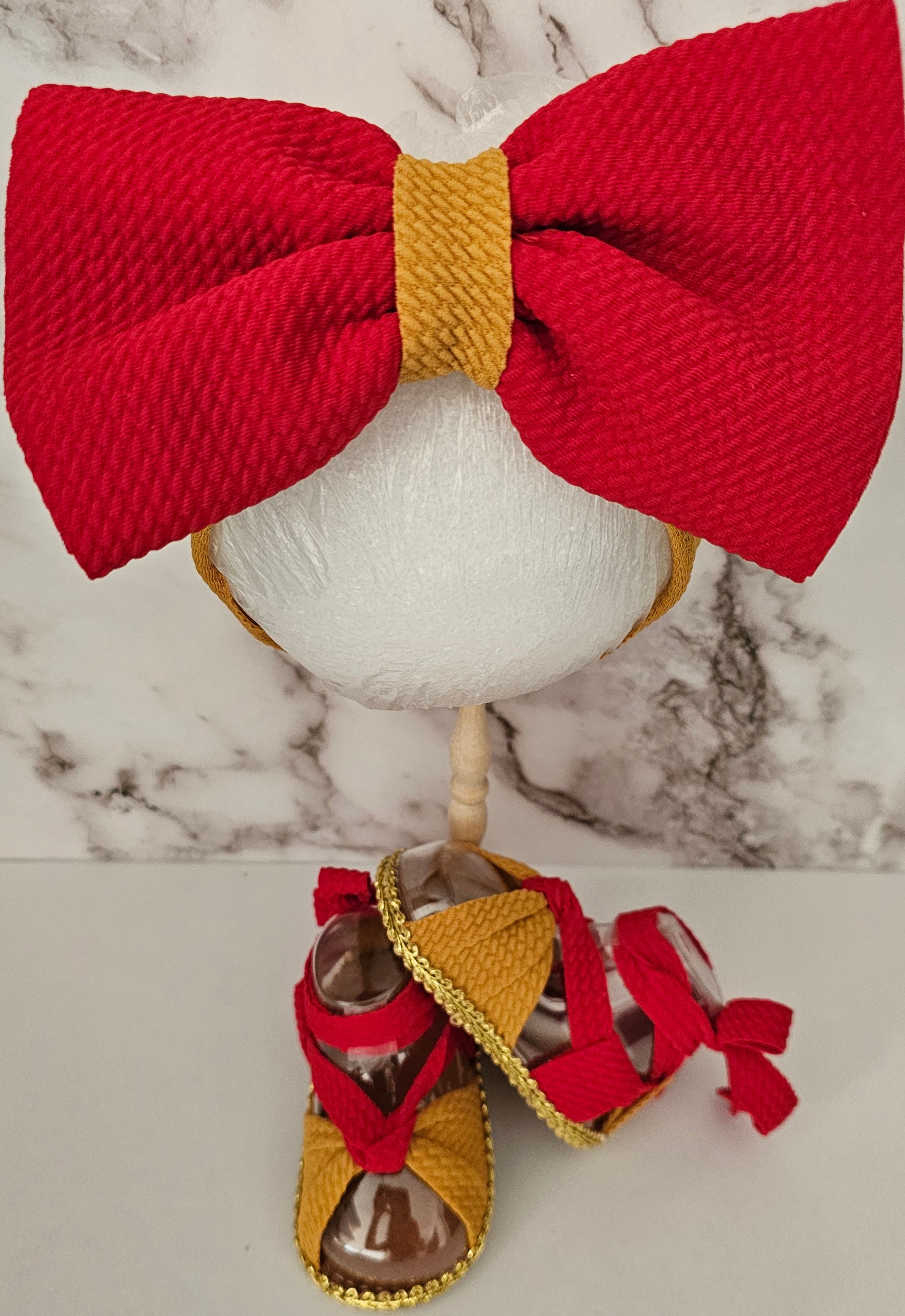 Baby sandals and bow set/Red and Mustard