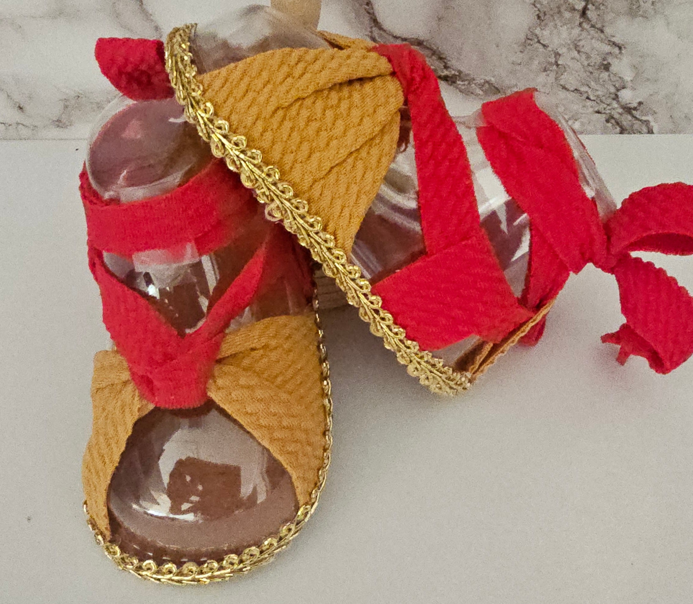 Baby sandals and bow set/Red and Mustard