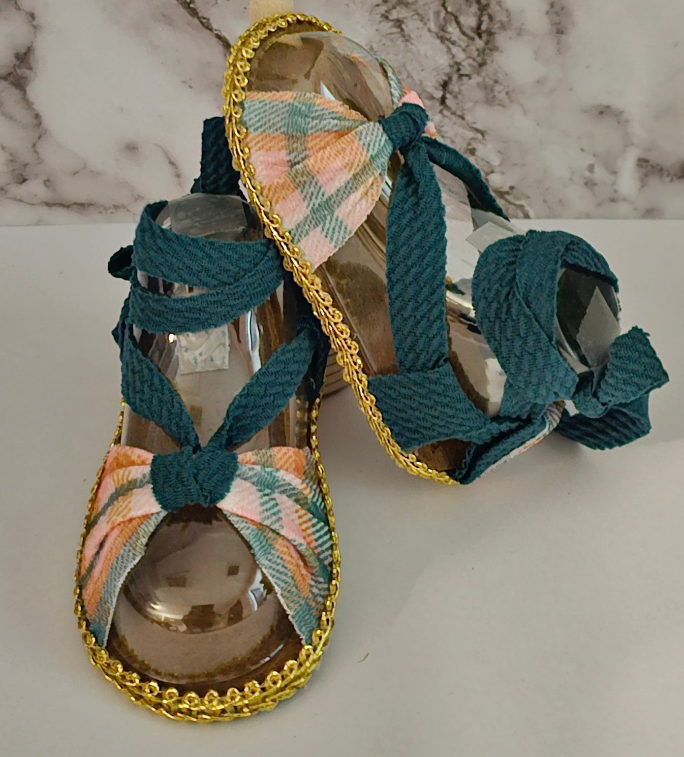 PLAD- Baby sandals and bow set -GREEN-PINK- ORANGE