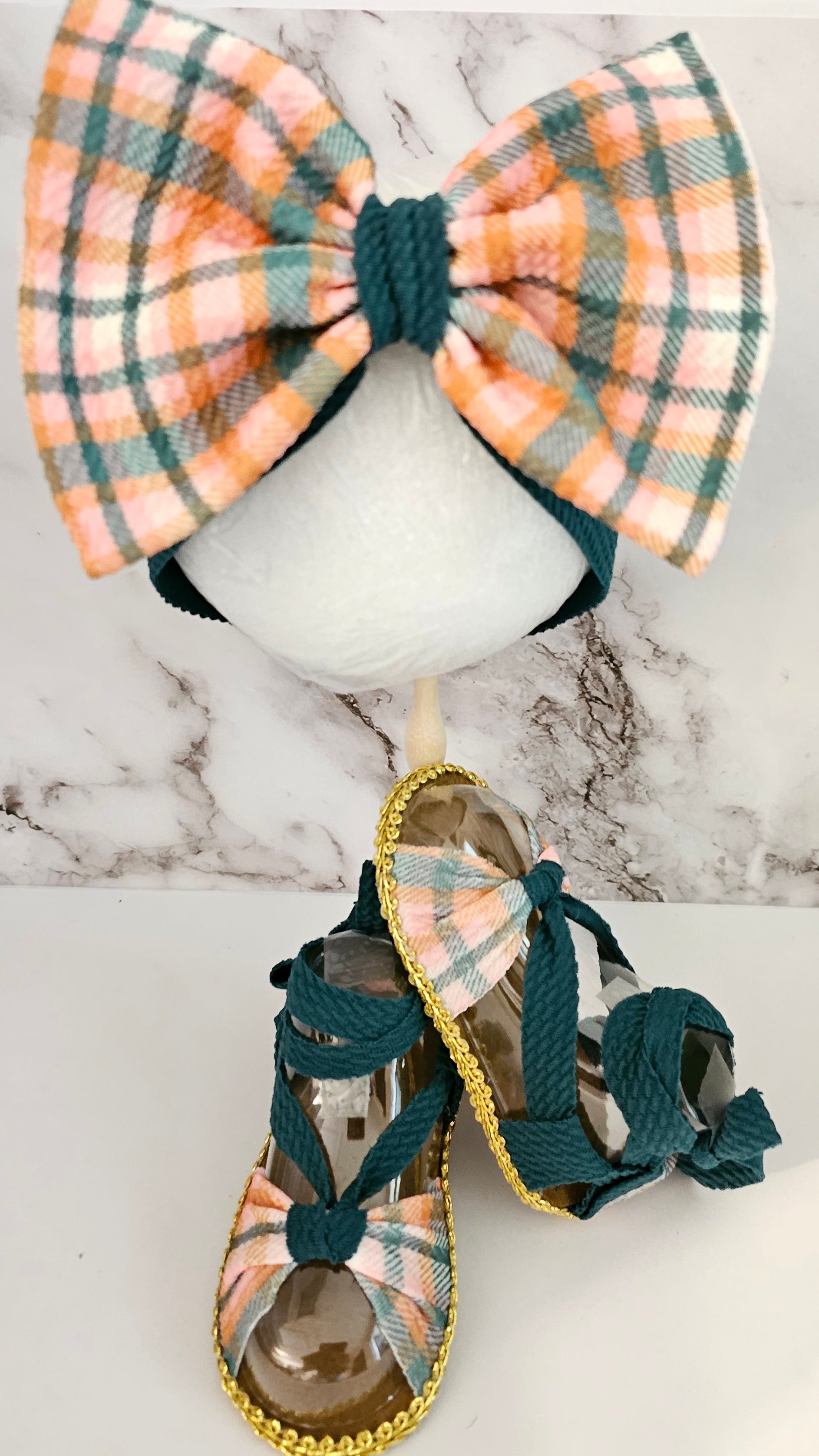 PLAD- Baby sandals and bow set -GREEN-PINK- ORANGE