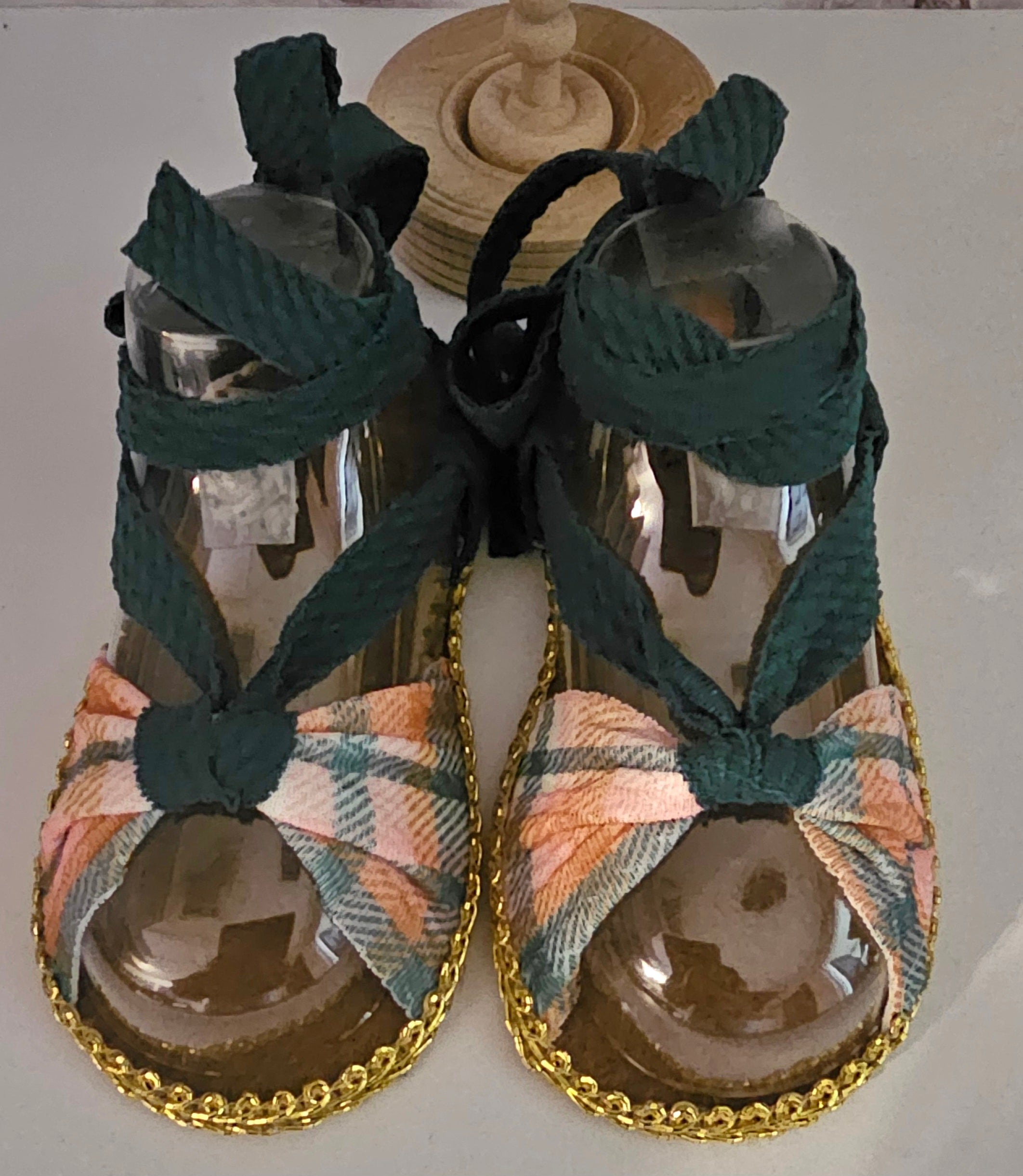 PLAD- Baby sandals and bow set -GREEN-PINK- ORANGE