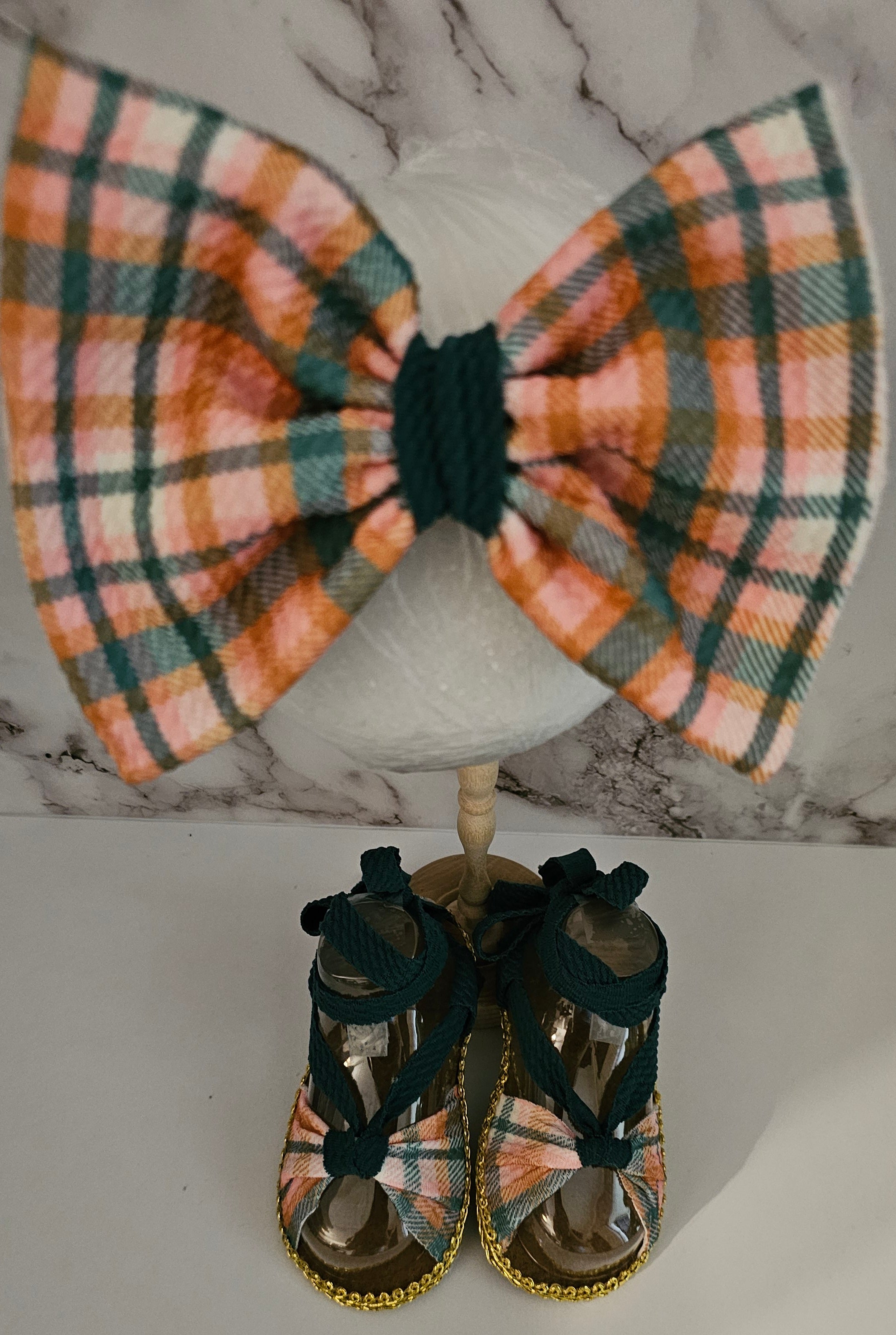 PLAD- Baby sandals and bow set -GREEN-PINK- ORANGE