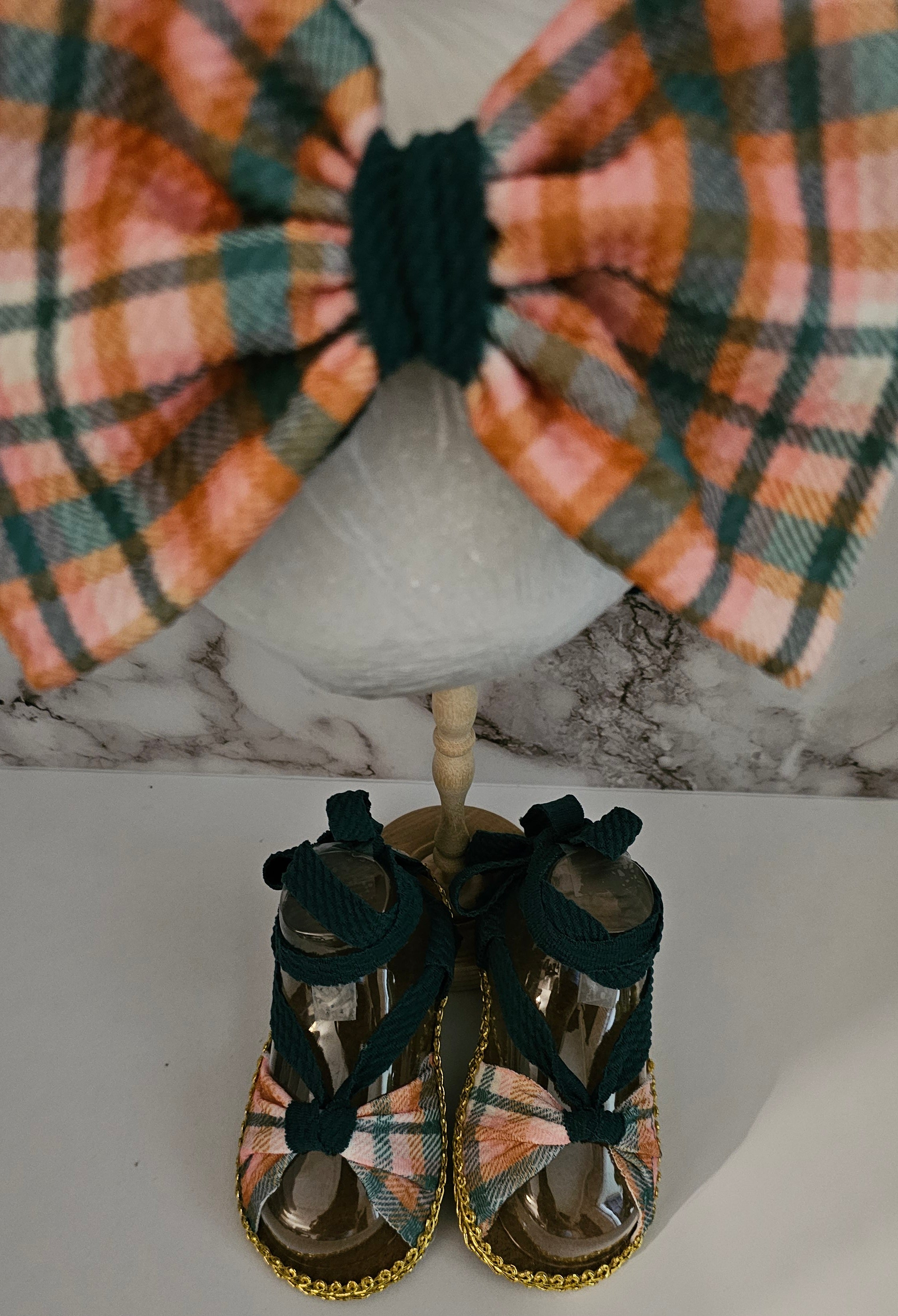 PLAD- Baby sandals and bow set -GREEN-PINK- ORANGE