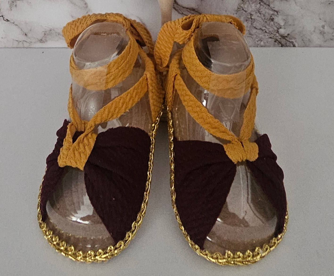 Baby sandals and bow set-MAROON-MUSTARD