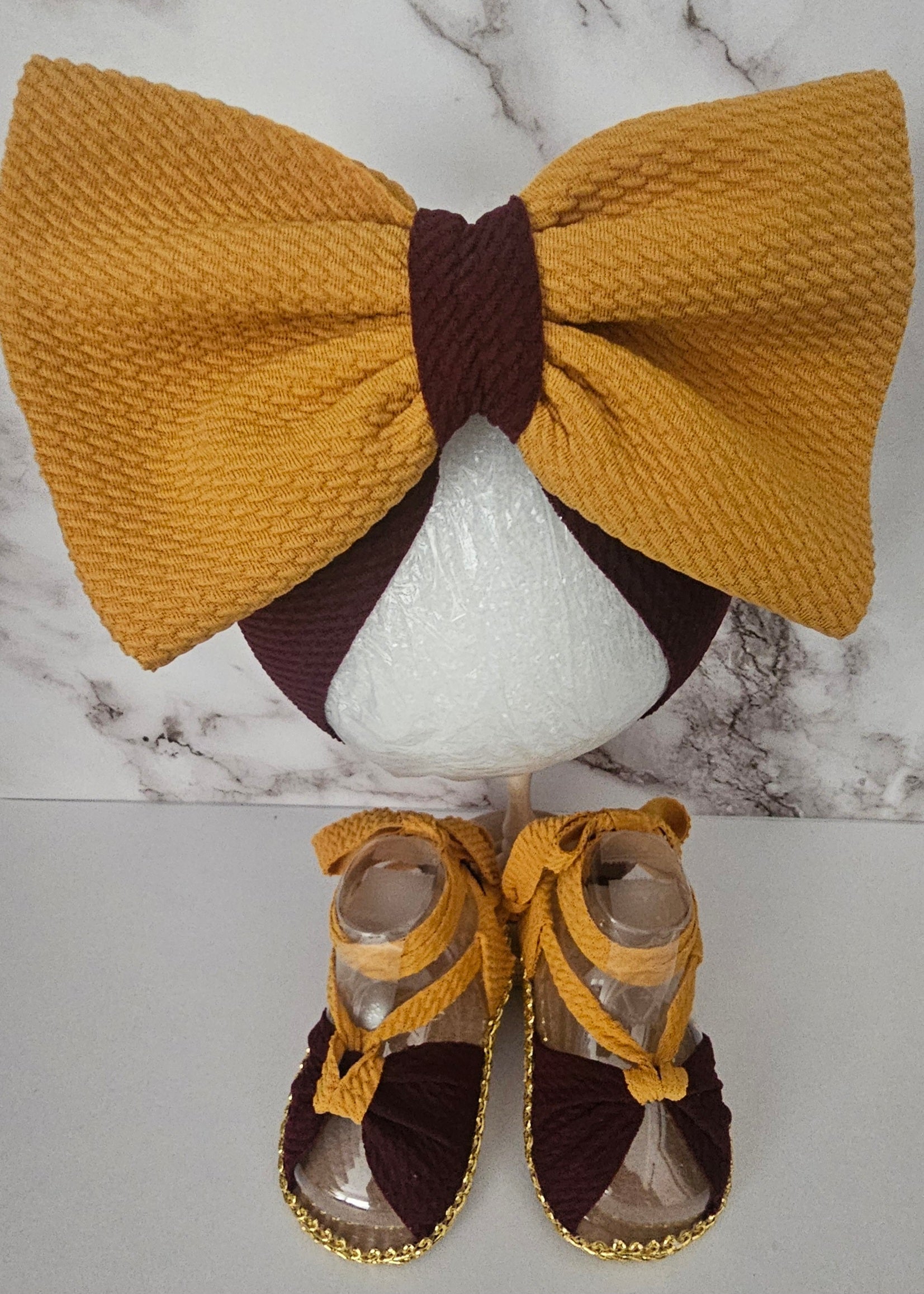 Baby sandals and bow set-MAROON-MUSTARD