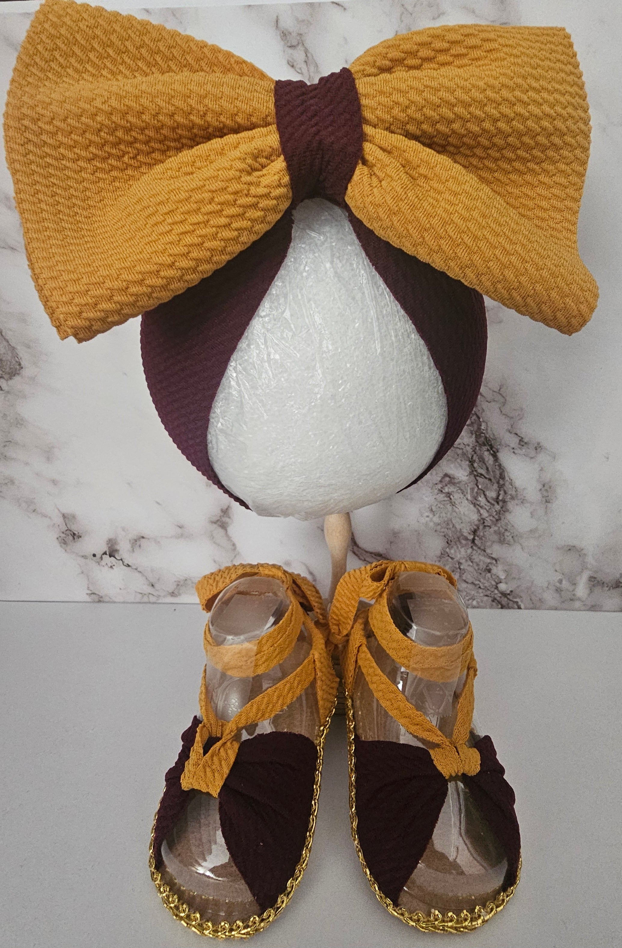 Baby sandals and bow set-MAROON-MUSTARD