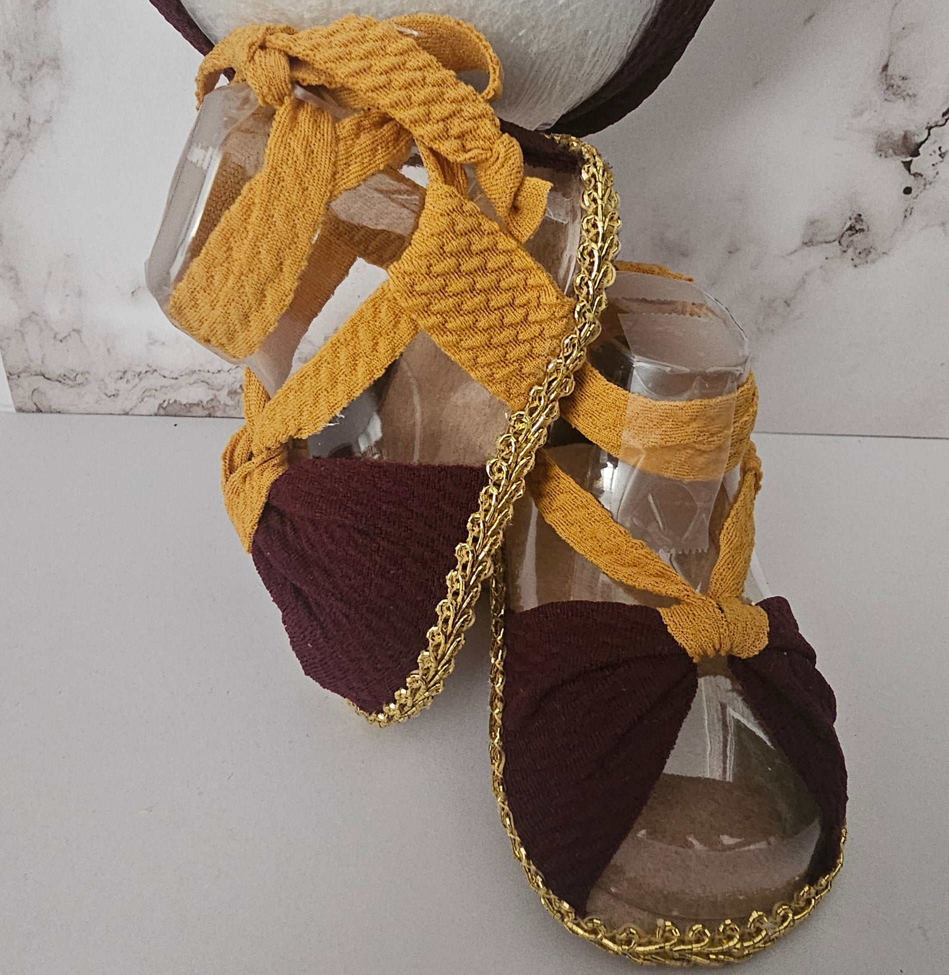 Baby sandals and bow set-MAROON-MUSTARD