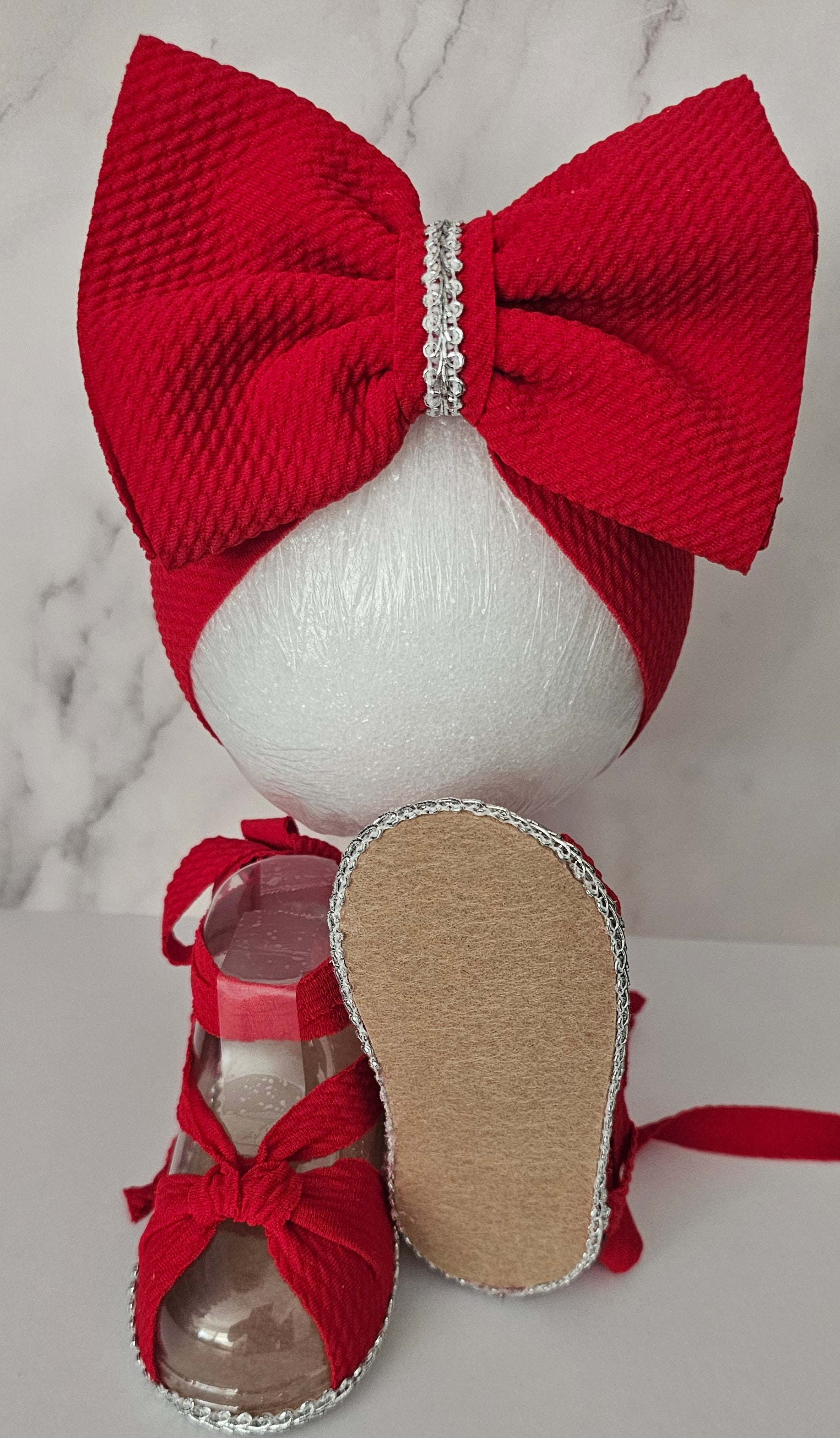 Baby sandals and bow set-RED/SILVER