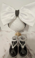 Baby sandals and bow set- White bow with black band/ black and white shoes with black bottom