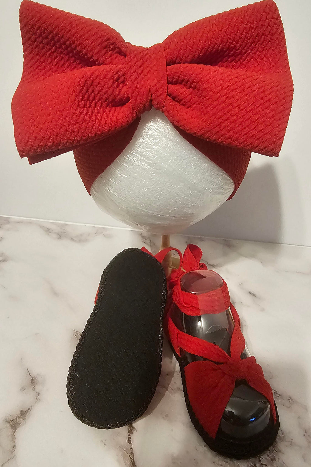 Baby sandals and bow set-Red bow and band / Red shoes with Black bottoms and trim