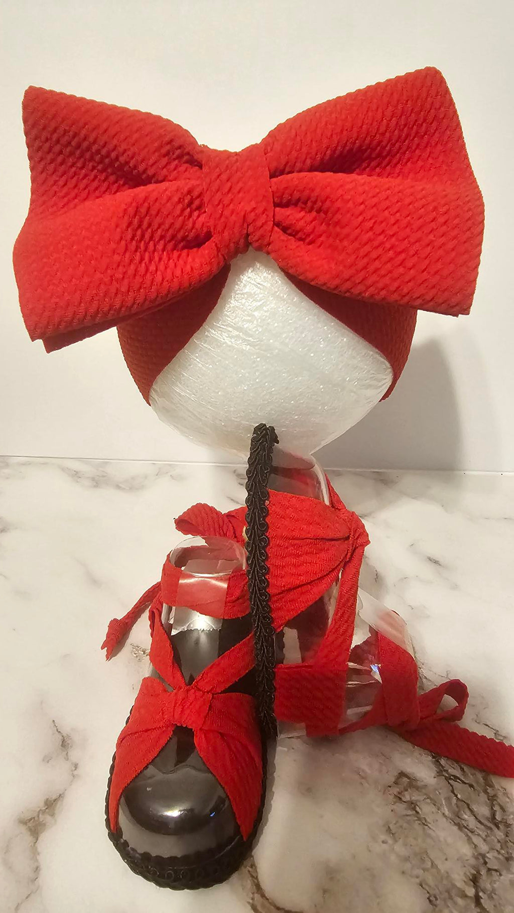 Baby sandals and bow set-Red bow and band / Red shoes with Black bottoms and trim