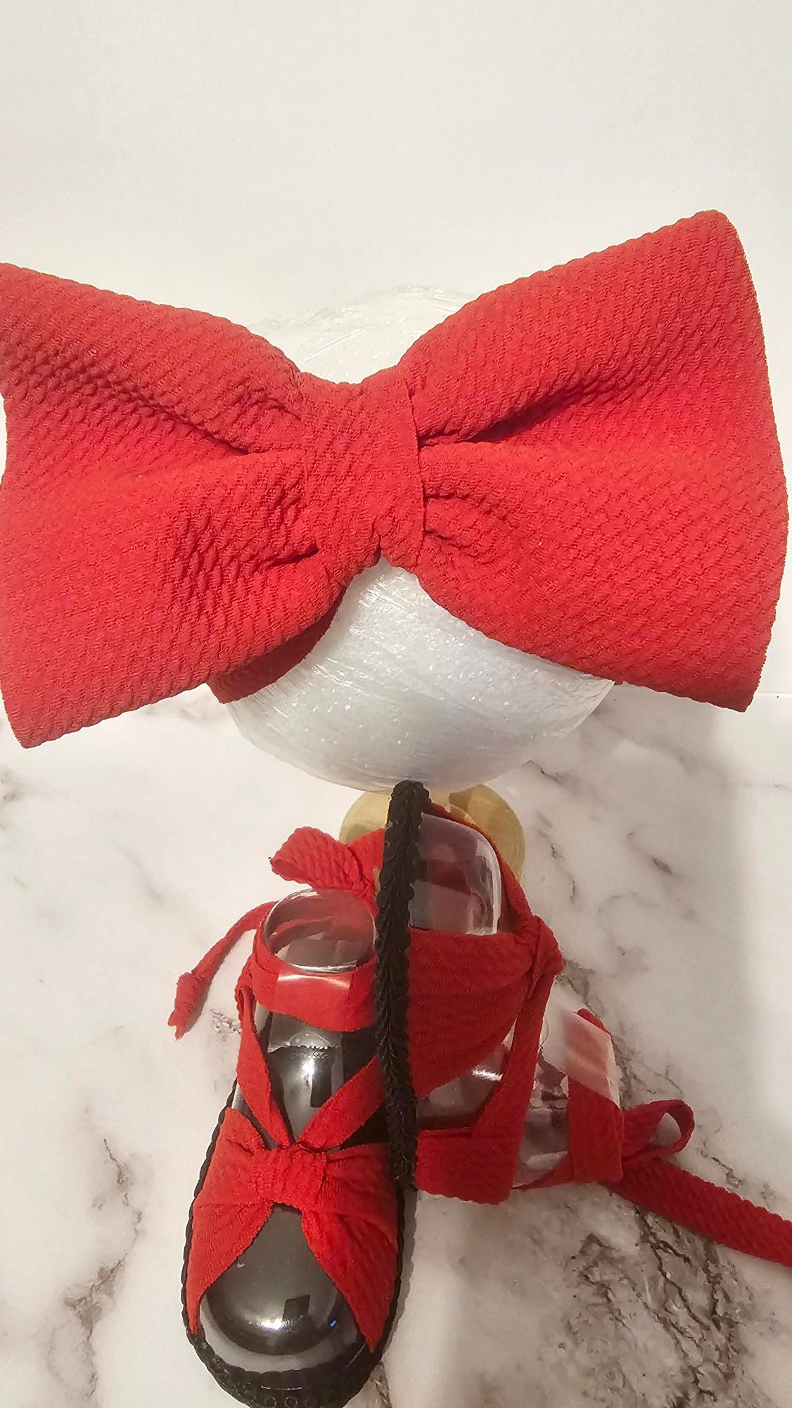 Baby sandals and bow set-Red bow and band / Red shoes with Black bottoms and trim