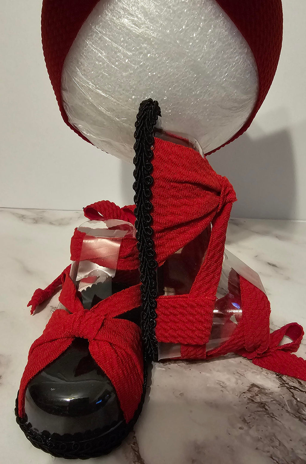 Baby sandals and bow set-Red bow and band / Red shoes with Black bottoms and trim