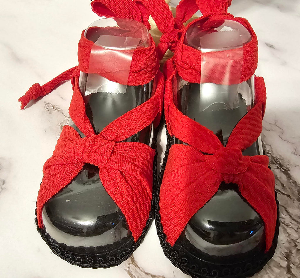 Baby sandals and bow set-Red bow and band / Red shoes with Black bottoms and trim