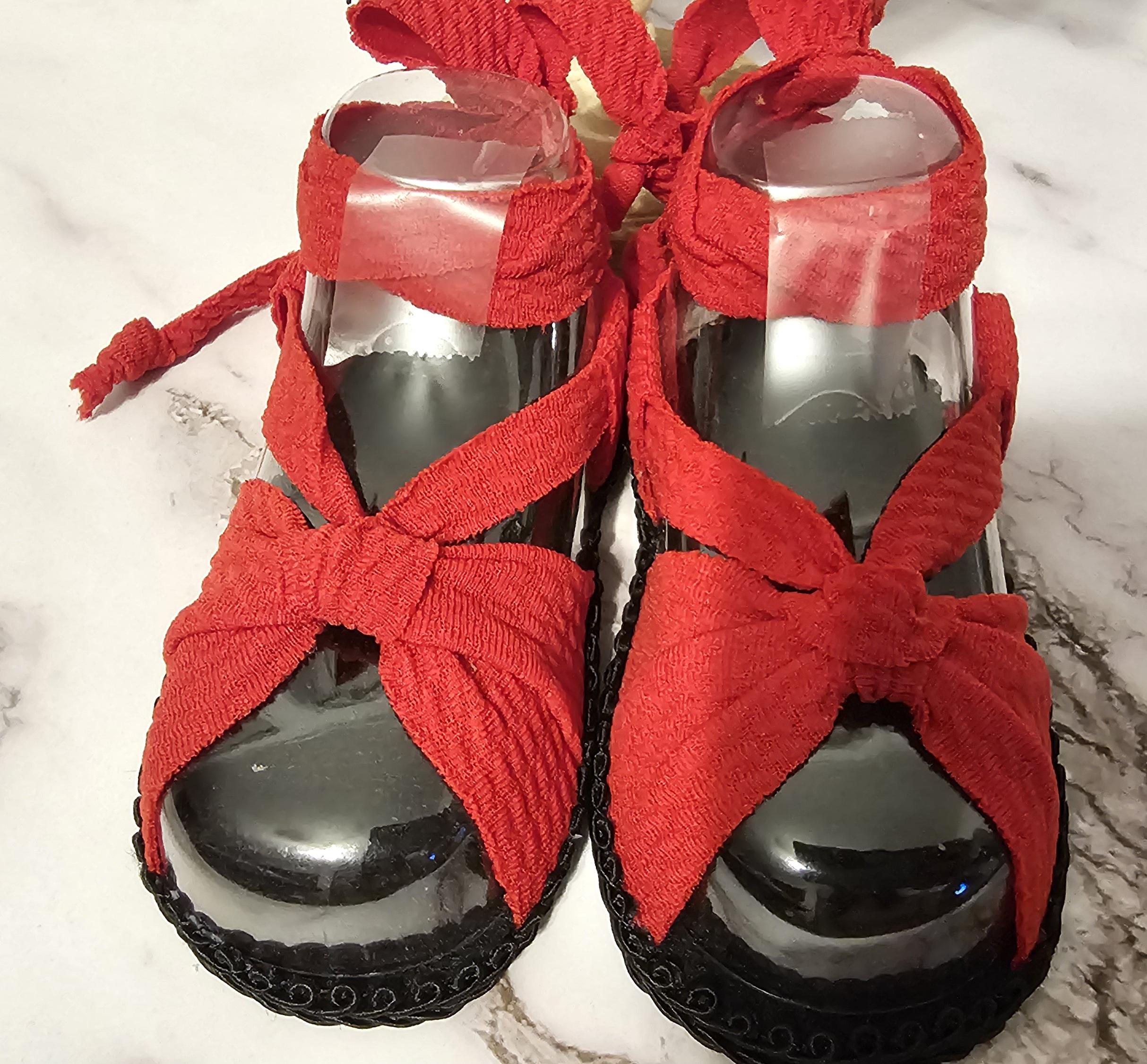Baby sandals and bow set-Red bow and band / Red shoes with Black bottoms and trim