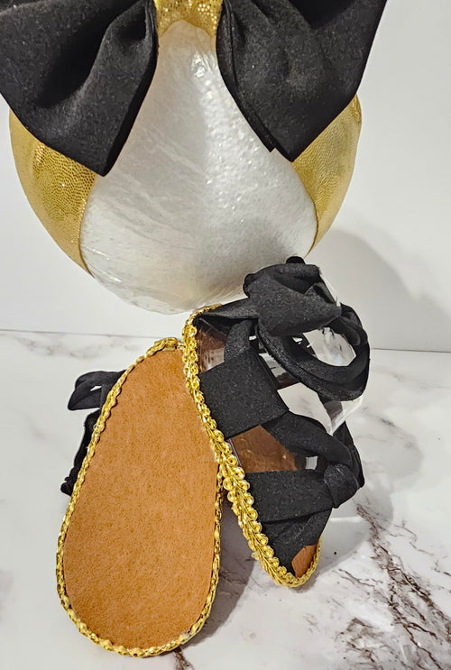 Baby sandals and bow set- Black bow with gold band- black shoes with gold trim