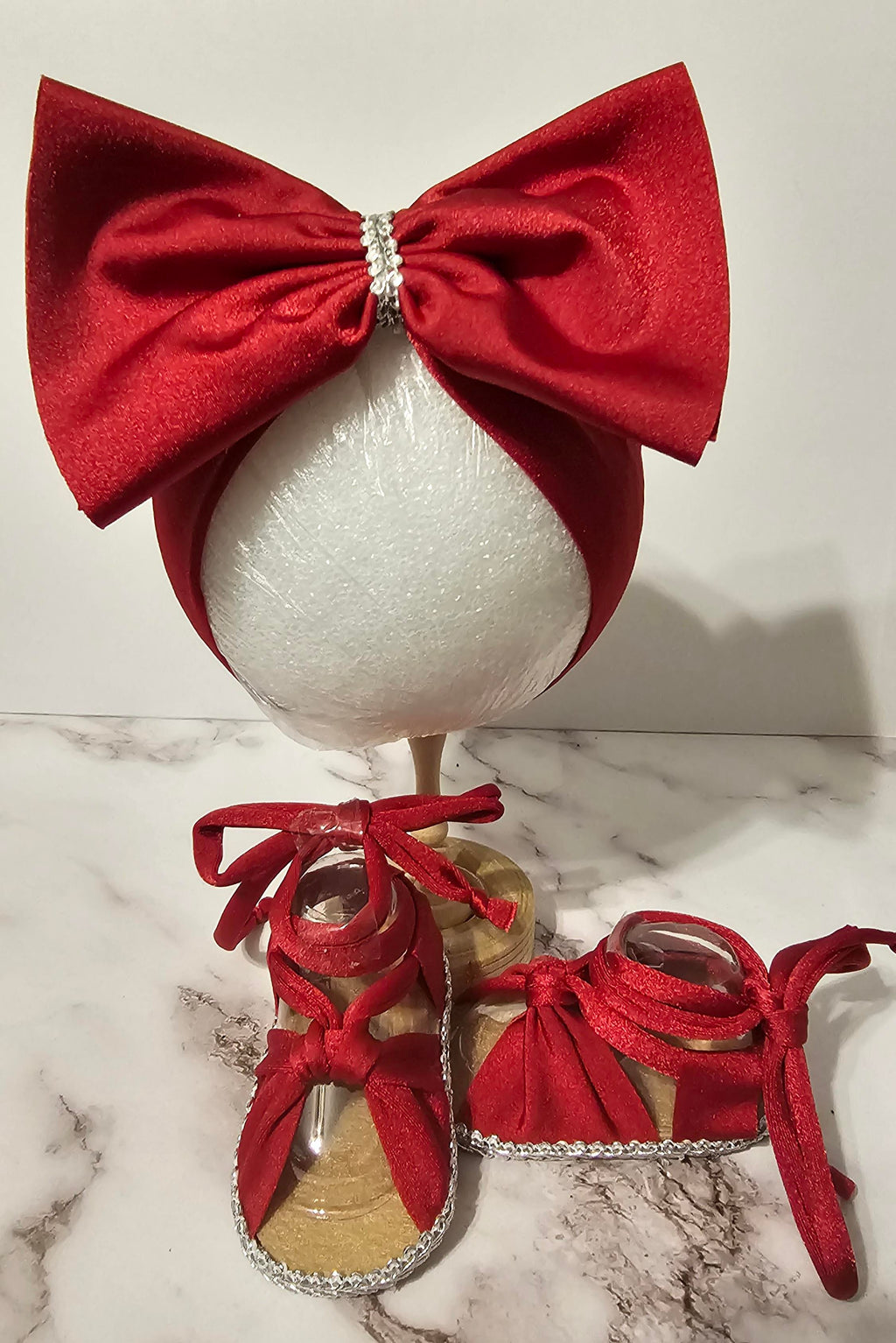 Baby sandals and bow set- Silky red bow with red band /red and silver shoes.