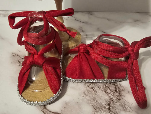 Baby sandals and bow set- Silky red bow with red band /red and silver shoes.
