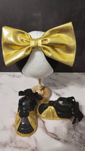 Baby sandals and bow set-Gold bow and black band / gold shoes with black bottom and gold trim