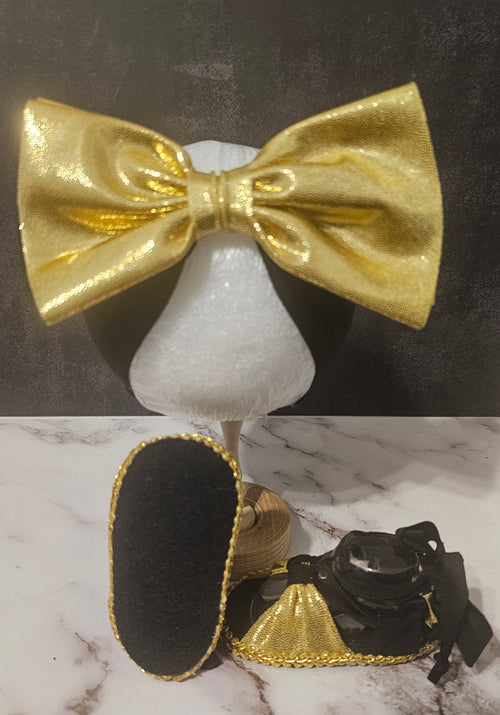 Baby sandals and bow set-Gold bow and black band / gold shoes with black bottom and gold trim