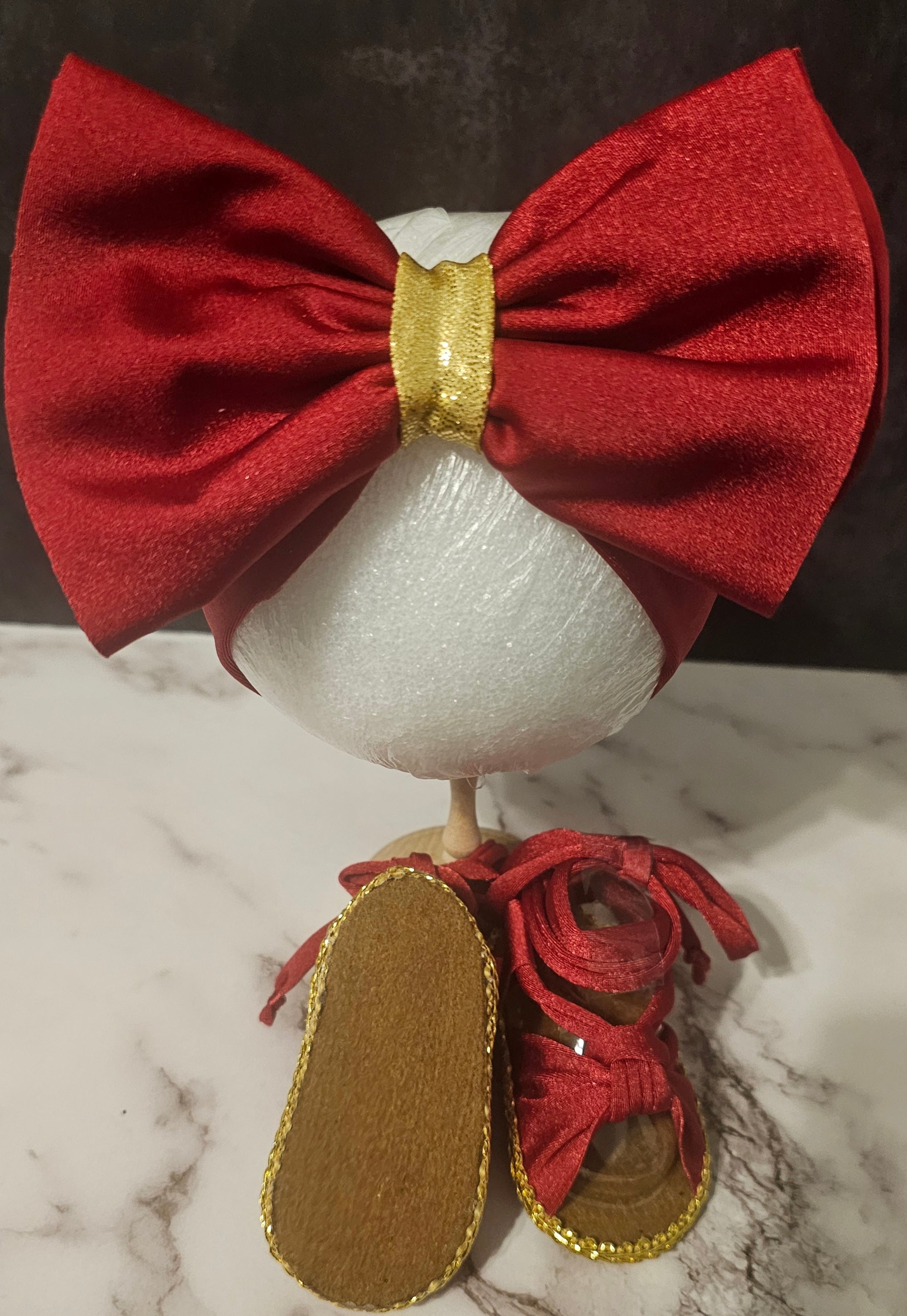 Baby sandals and bow set- Silky red bow with red band /red shoes with Gold trimming or rhinestones