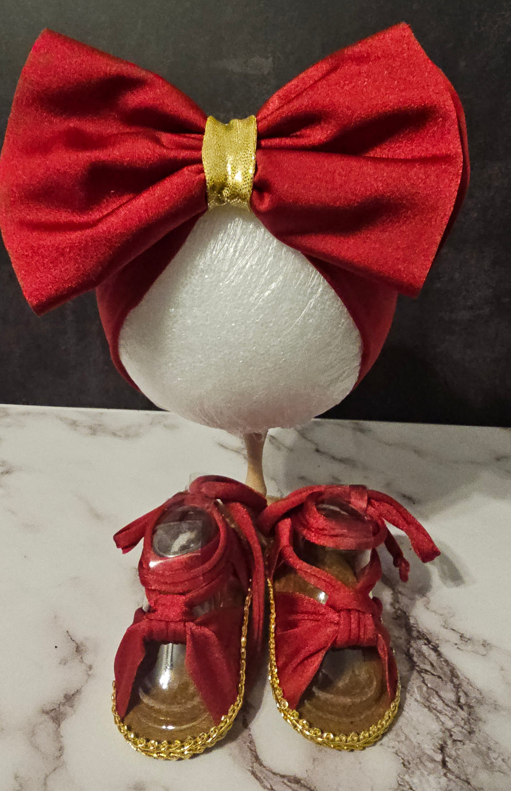 Baby sandals and bow set- Silky red bow with red band /red shoes with Gold trimming or rhinestones